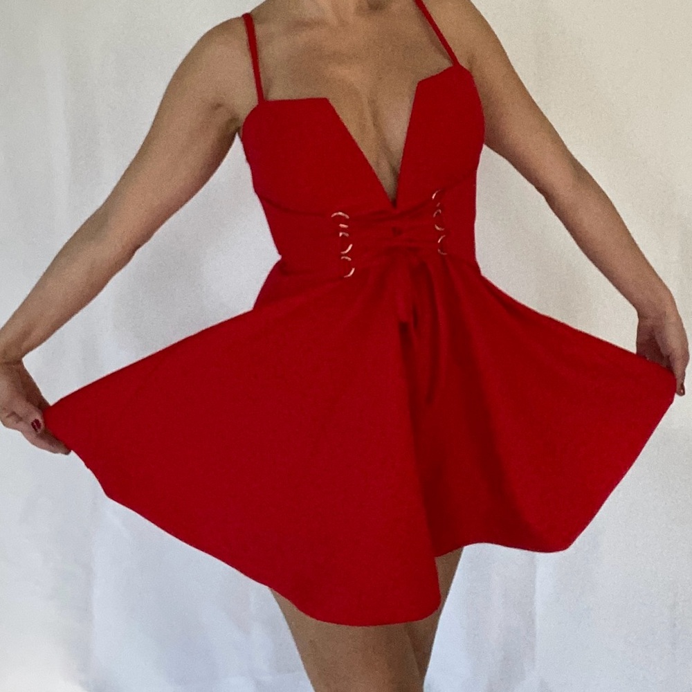 Red Plunge Corset Detail Skater Dress
